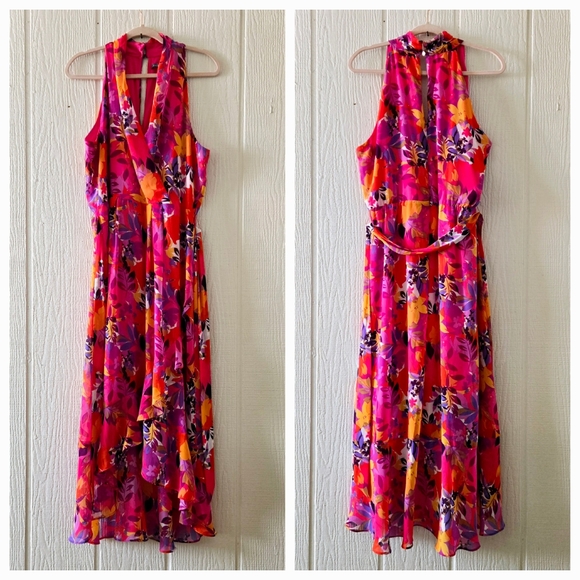 JULIA JORDAN Fushia Floral Halter V Neck Surplice Faux Wrap Sleeveless Belted 12 - Picture 1 of 10